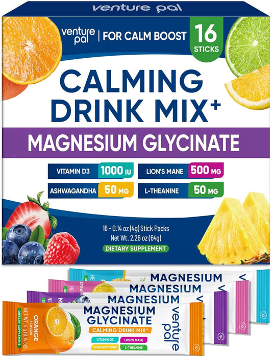 Venture Pal Magnesium Glycinate Powdered Drink Mix with Ashwagandha for Calm, Relaxation, and Focus - Vegan, Non-GMO, Sugar-Free Supplement Blend (16 Sticks)