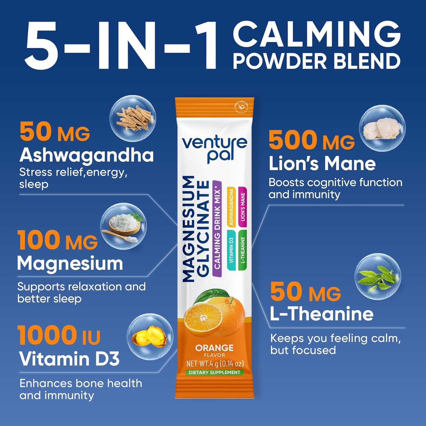 Venture Pal Magnesium Glycinate Powdered Drink Mix with Ashwagandha for Calm, Relaxation, and Focus - Vegan, Non-GMO, Sugar-Free Supplement Blend (16 Sticks)