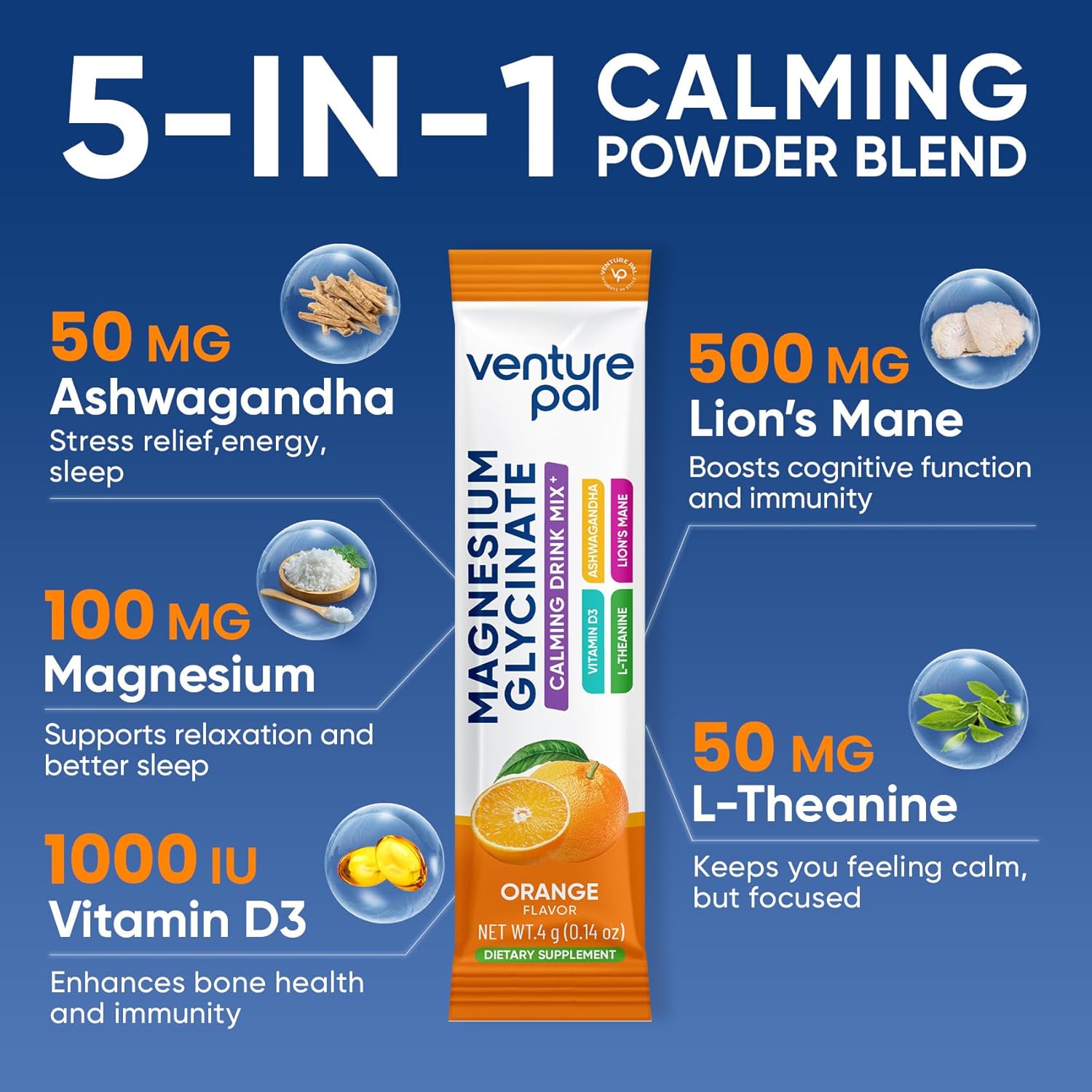 Venture Pal Magnesium Glycinate Powdered Drink Mix with Ashwagandha for Calm, Relaxation, and Focus - Vegan, Non-GMO, Sugar-Free Supplement Blend (16 Sticks)
