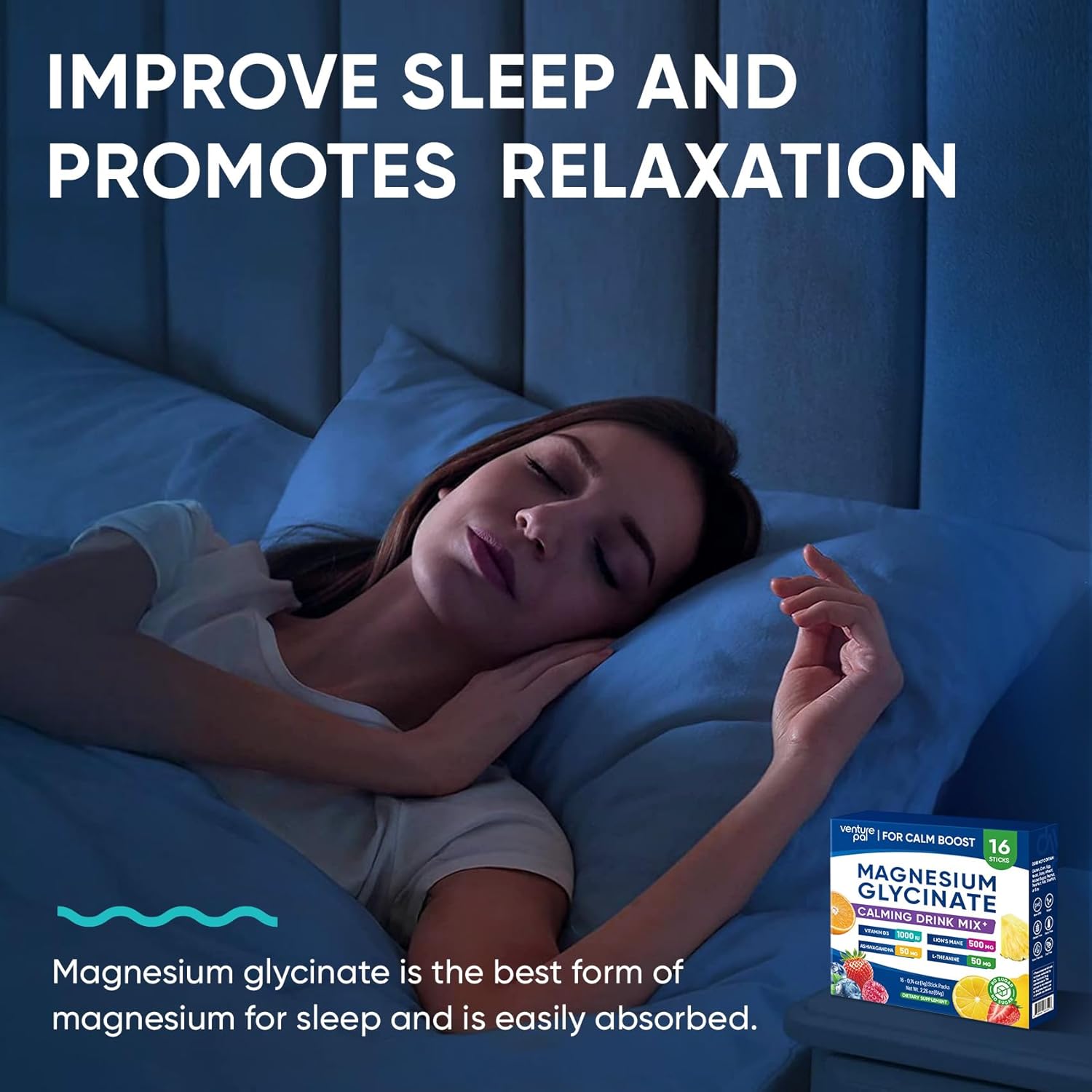 Venture Pal Magnesium Glycinate Powdered Drink Mix with Ashwagandha for Calm, Relaxation, and Focus - Vegan, Non-GMO, Sugar-Free Supplement Blend (16 Sticks)