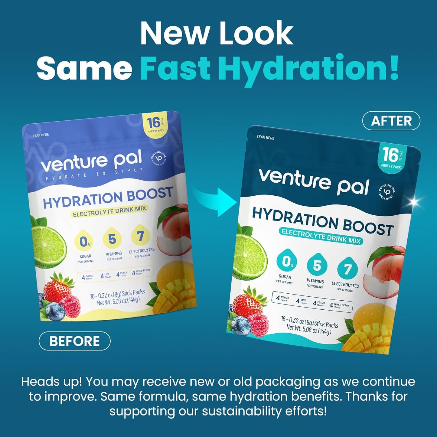 Venture Pal Sugar Free Electrolyte Powder Sticks with Vitamins & Electrolytes - Keto Friendly Hydration Drink Mix (16 Pack)