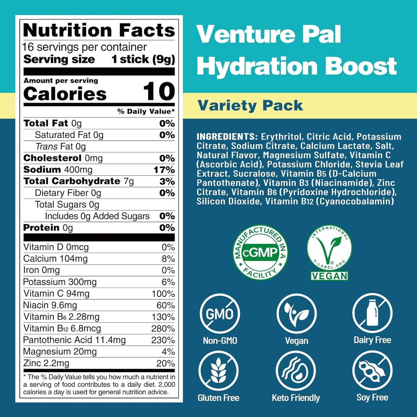 Venture Pal Sugar Free Electrolyte Powder Sticks with Vitamins & Electrolytes - Keto Friendly Hydration Drink Mix (16 Pack)