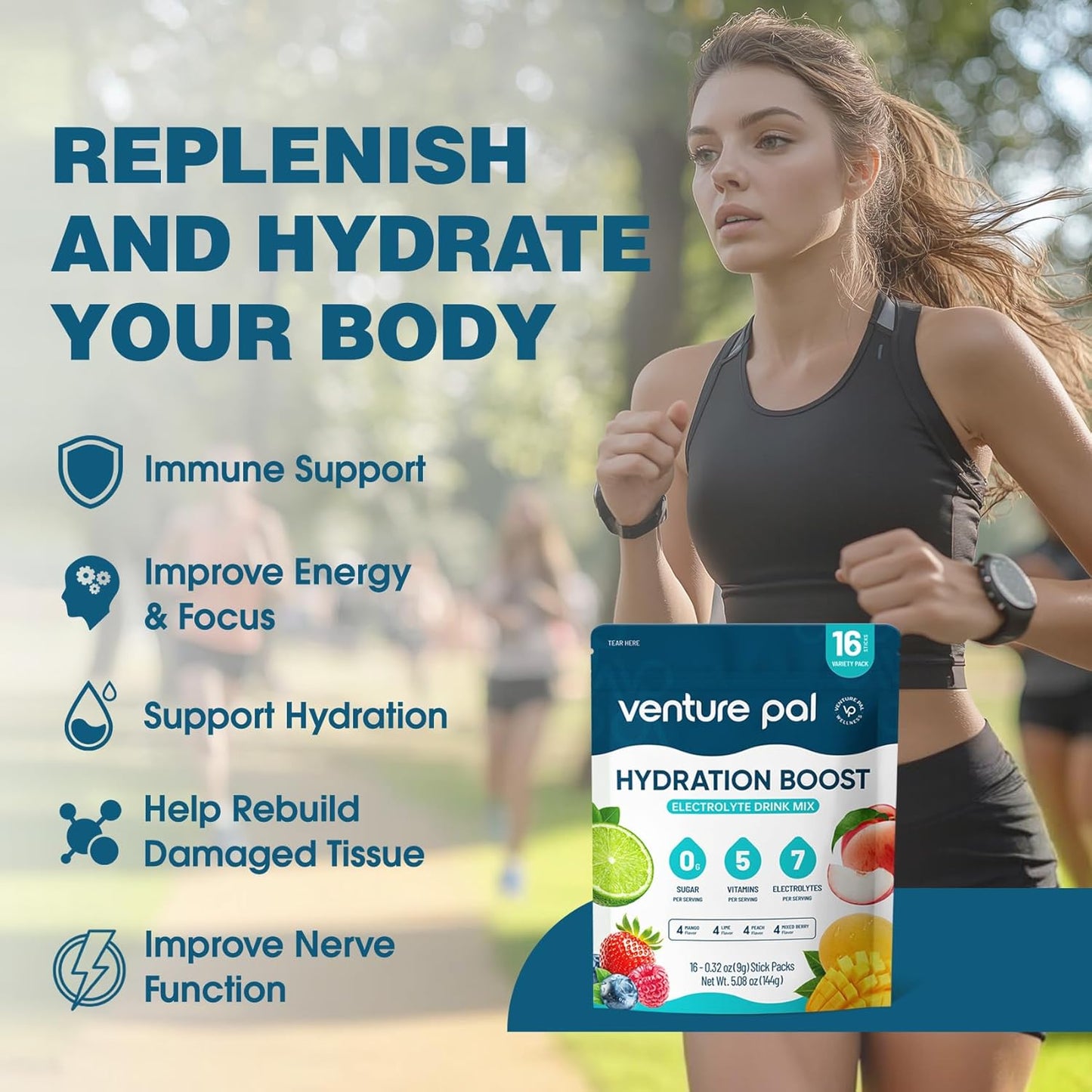 Venture Pal Sugar Free Electrolyte Powder Sticks with Vitamins & Electrolytes - Keto Friendly Hydration Drink Mix (16 Pack)