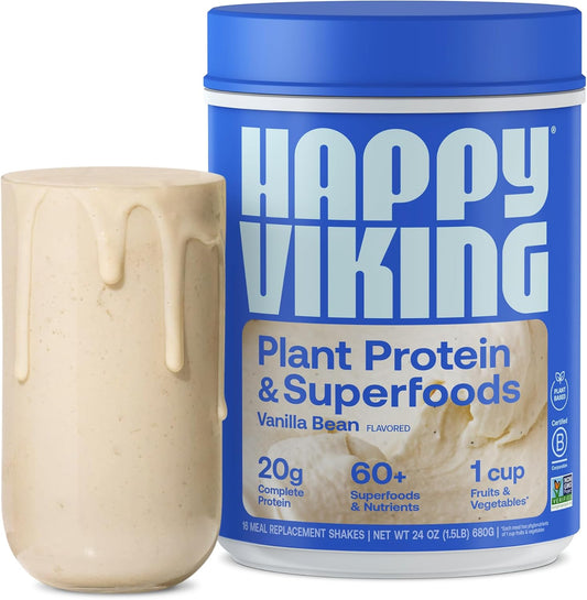 Venus Williams Happy Viking Vanilla Plant Protein Powder - 20g Protein, Low Carb, Keto, Vegan, Gluten-Free, Non-GMO - Superfoods Meal Replacement (1 Canister)