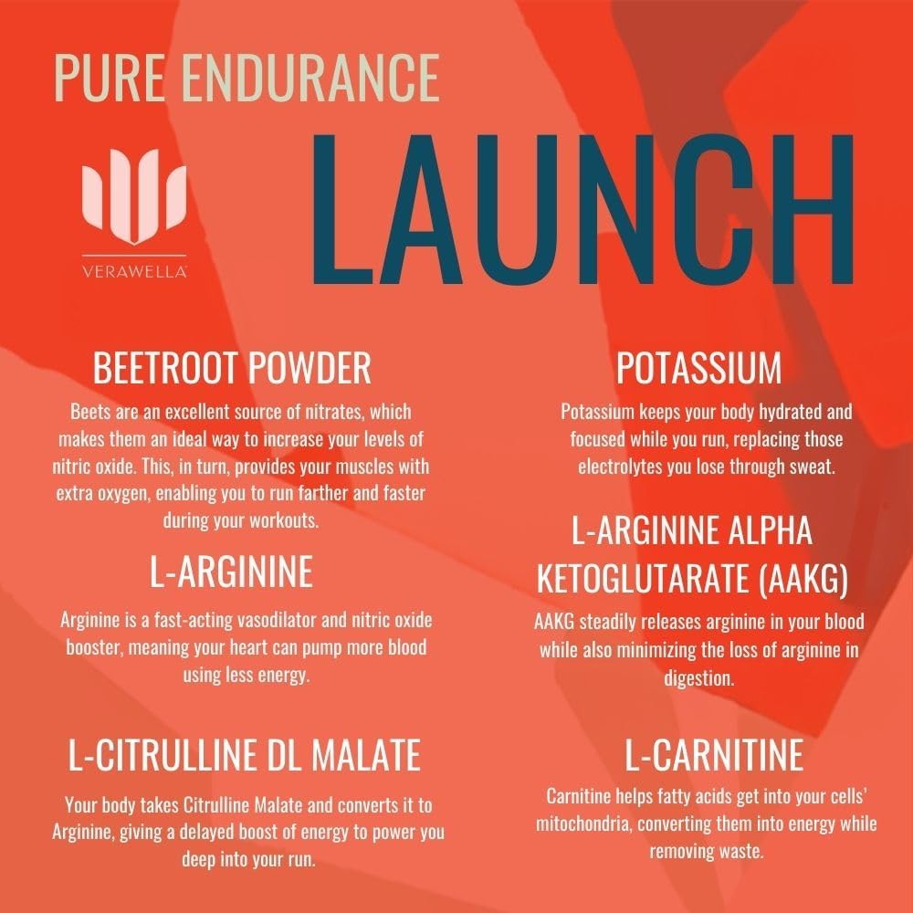 VeraWella Pure Endurance Preworkout Powder - Nitric Oxide Boost for Runners, Swimmers, Cyclists - Fruit Punch Flavor, Stimulant Free