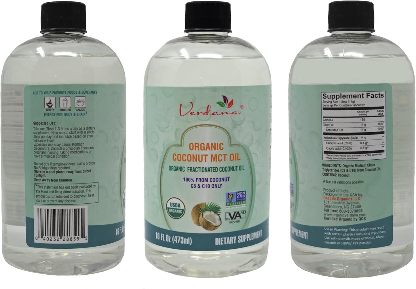 Verdana Organic Fractionated Coconut MCT Oil - 16 Fl Oz - Non-GMO, Food Grade, Keto & Paleo Friendly - Oil Pulling Mouthwash