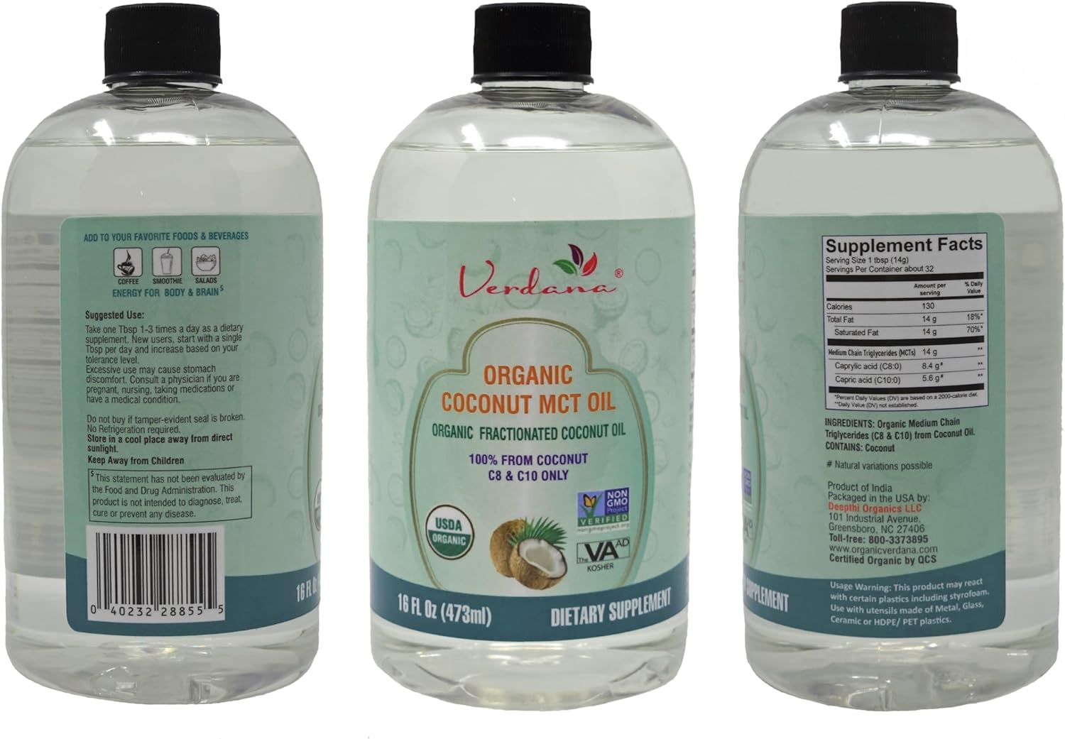 Verdana Organic Fractionated Coconut MCT Oil - 16 Fl Oz - Non-GMO, Food Grade, Keto & Paleo Friendly - Oil Pulling Mouthwash