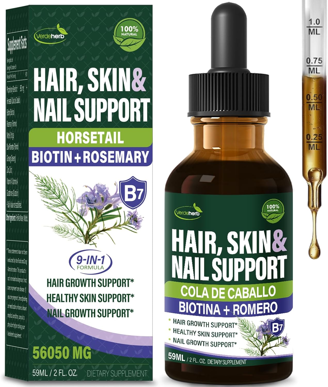 Verdeherb Herbal Liquid Drops - Hair, Skin, and Nail Growth Support with Horsetail, Biotin, and Rosemary Extract - 2oz