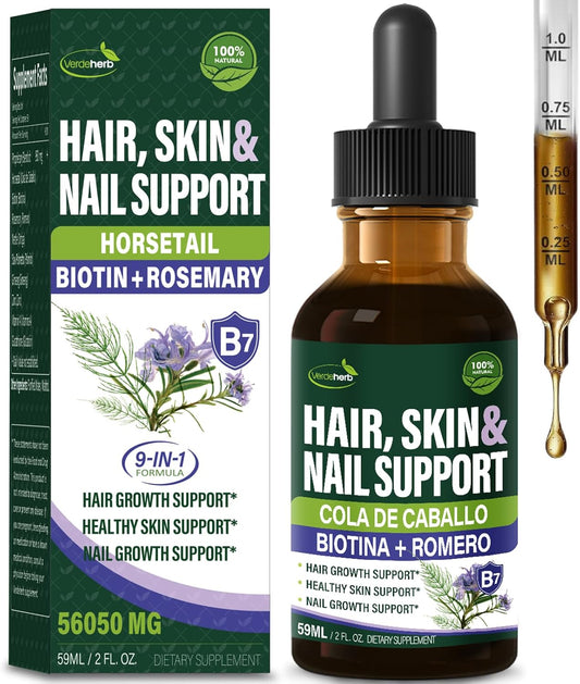 Verdeherb Herbal Liquid Drops - Hair, Skin, and Nail Growth Support with Horsetail, Biotin, and Rosemary Extract - 2oz