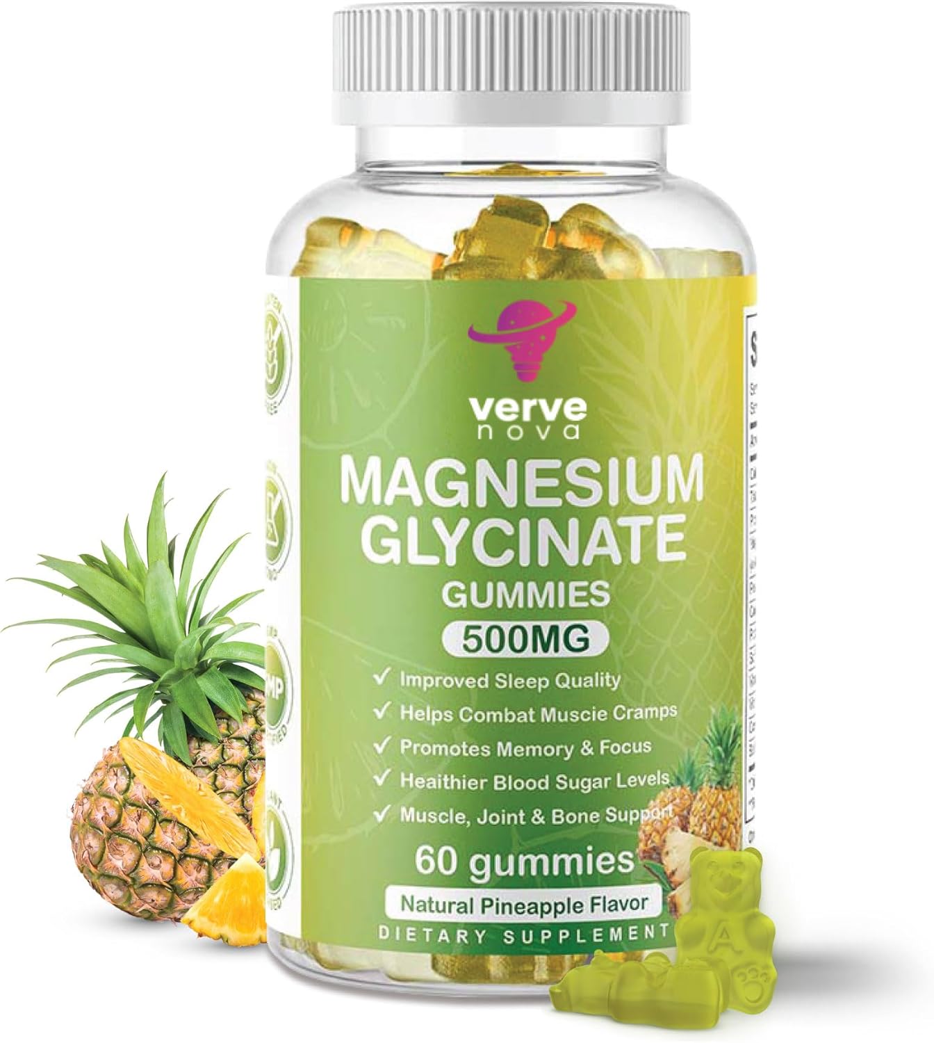 Vervenova 500mg Magnesium Glycinate Gummies for Adults - Pineapple Flavor - Promotes Relaxation, Stress Relief, and Sleep - 60 Gummies
