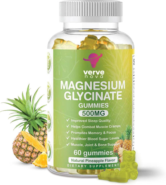Vervenova 500mg Magnesium Glycinate Gummies for Adults - Pineapple Flavor - Promotes Relaxation, Stress Relief, and Sleep - 60 Gummies