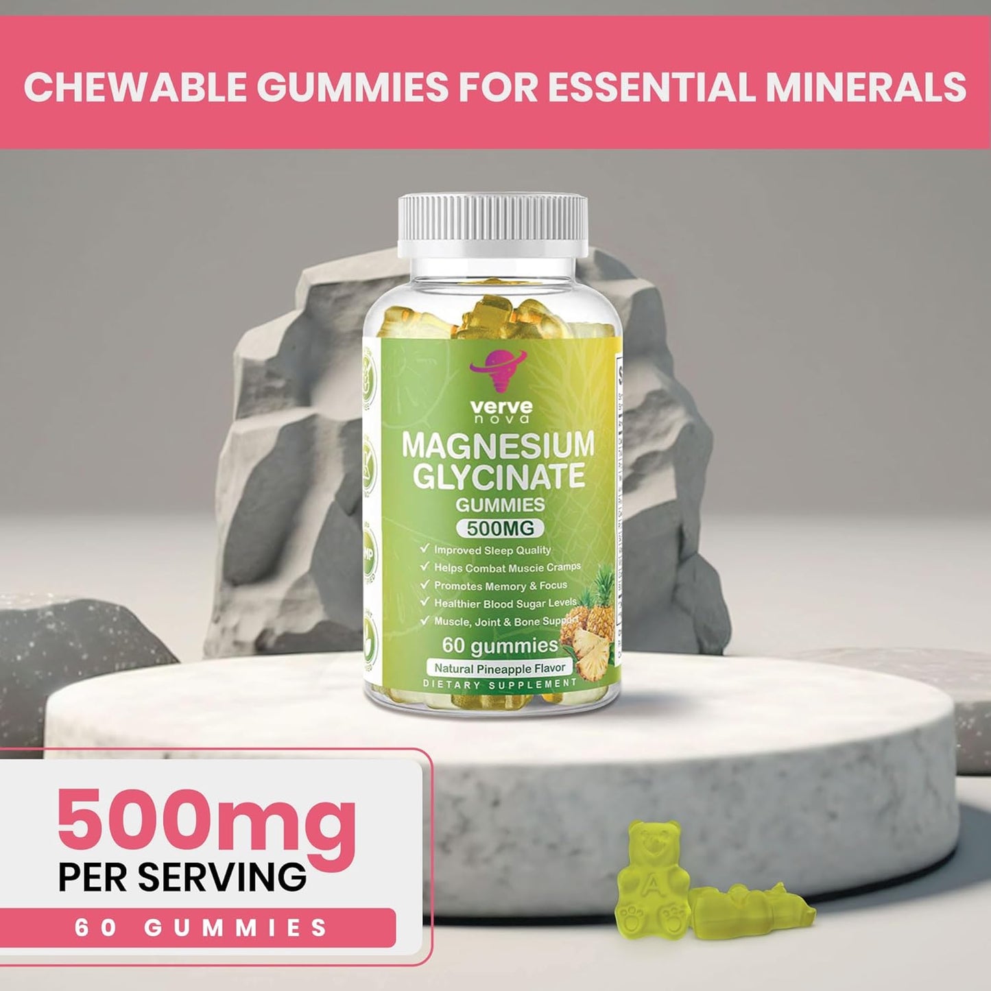 Vervenova 500mg Magnesium Glycinate Gummies for Adults - Pineapple Flavor - Promotes Relaxation, Stress Relief, and Sleep - 60 Gummies