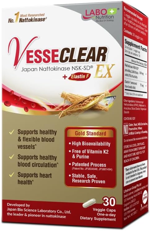 VesseCLEAR EX by LABO Nutrition: Nattokinase NSK-SD+Elastin F Capsules for Healthy, Flexible Blood Vessels. Acid-Resistant & Delayed Release.