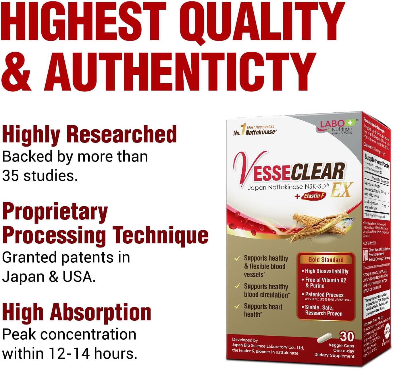 VesseCLEAR EX by LABO Nutrition: Nattokinase NSK-SD+Elastin F Capsules for Healthy, Flexible Blood Vessels. Acid-Resistant & Delayed Release.