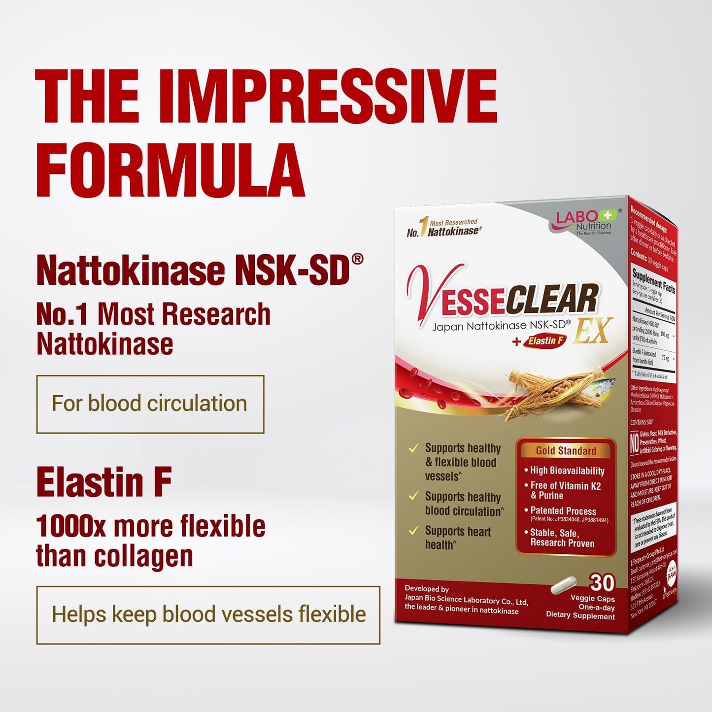 VesseCLEAR EX by LABO Nutrition: Nattokinase NSK-SD+Elastin F Capsules for Healthy, Flexible Blood Vessels. Acid-Resistant & Delayed Release.