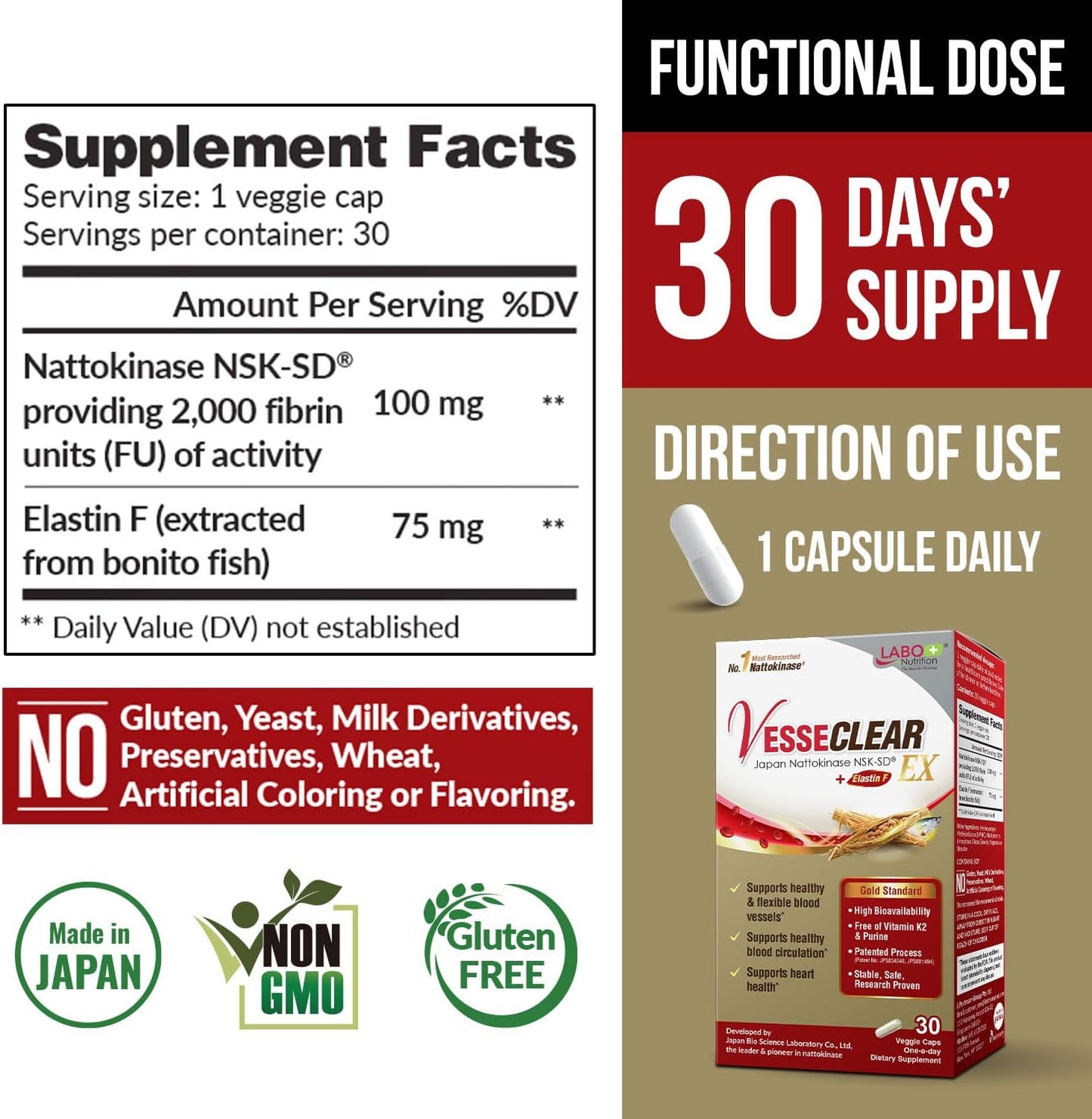 VesseCLEAR EX by LABO Nutrition: Nattokinase NSK-SD+Elastin F Capsules for Healthy, Flexible Blood Vessels. Acid-Resistant & Delayed Release.