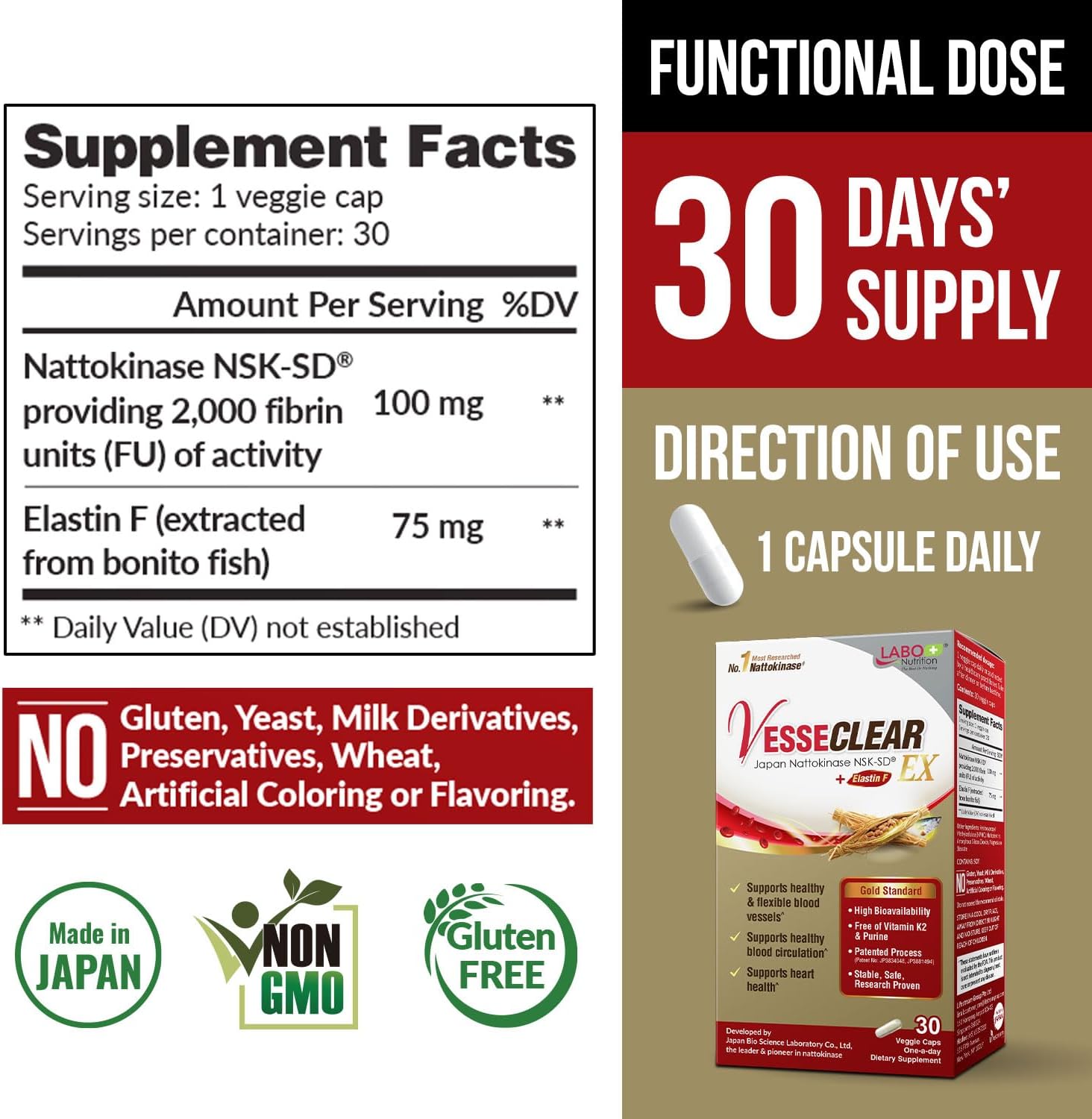 VesseCLEAR EX by LABO Nutrition: Nattokinase NSK-SD+Elastin F Capsules for Healthy, Flexible Blood Vessels. Acid-Resistant & Delayed Release.