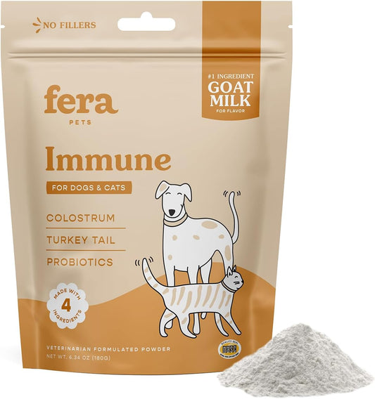 Vet-Formulated Fera Pet Organics Immune Goat Milk Topper for Cats & Dogs - Allergy & Immunity Support with Probiotics, Colostrum, and Turkey Tail Mushroom - 60 Servings