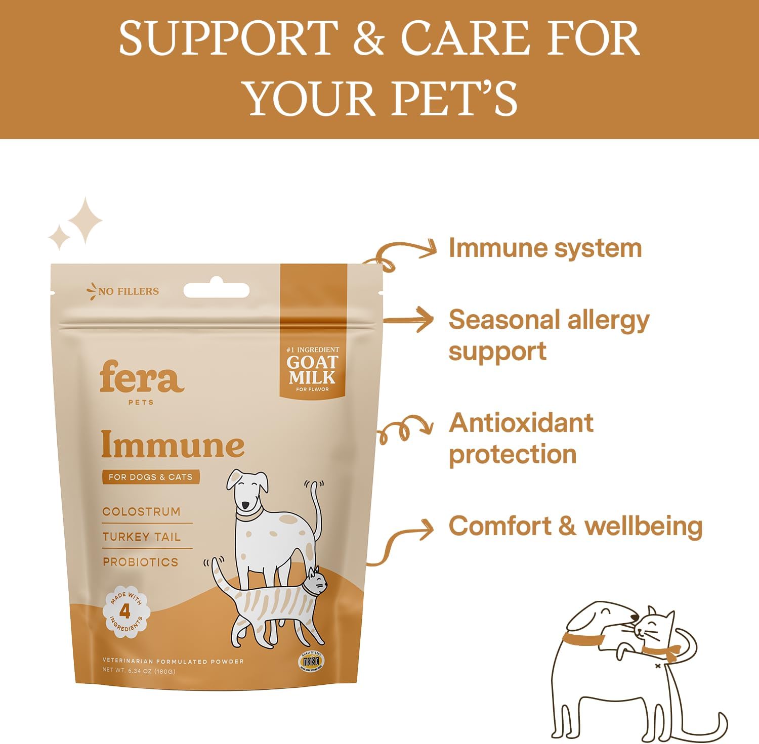 Vet-Formulated Fera Pet Organics Immune Goat Milk Topper for Cats & Dogs - Allergy & Immunity Support with Probiotics, Colostrum, and Turkey Tail Mushroom - 60 Servings