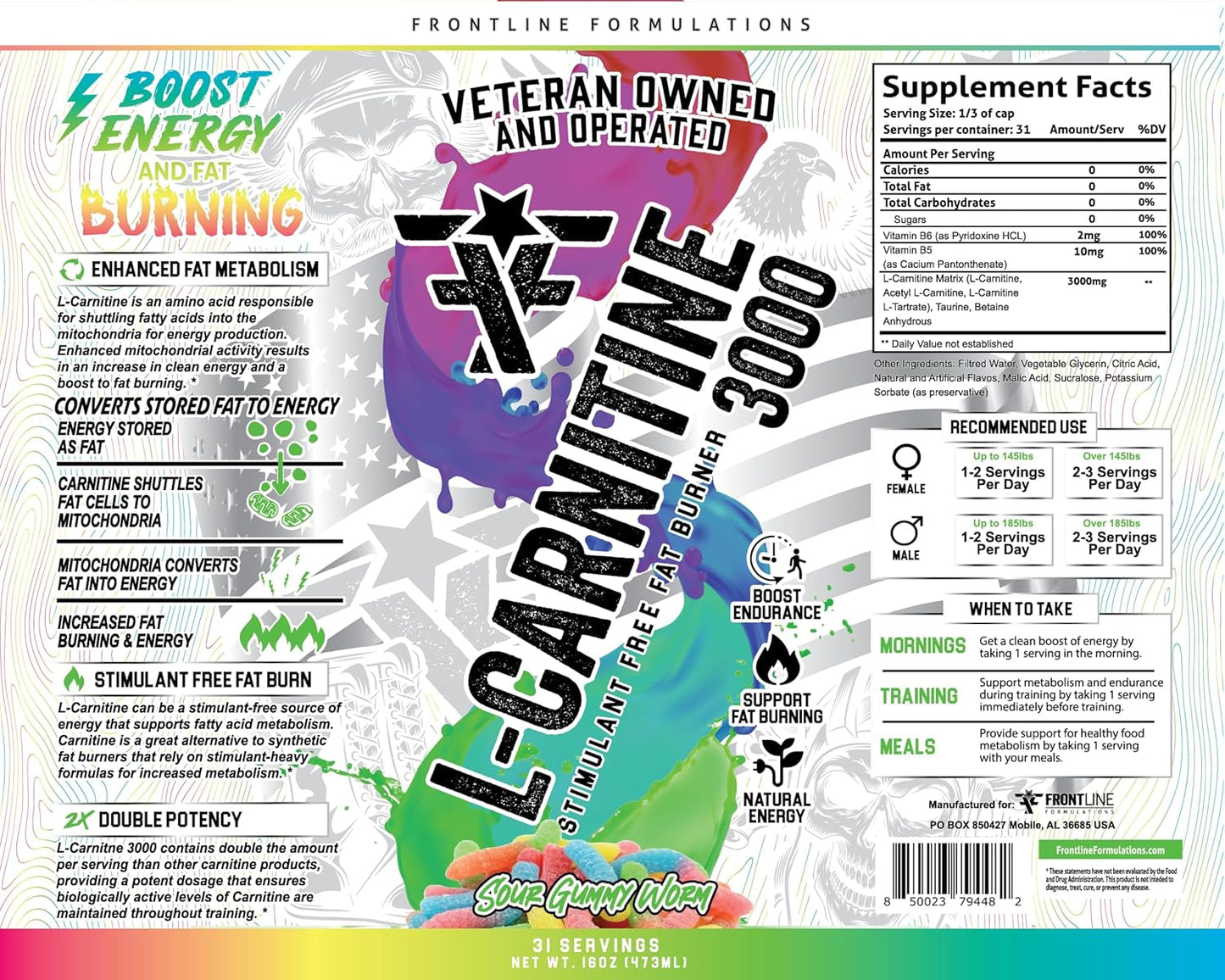 Veteran Owned L-Carnitine Supplement for Enhanced Energy and Metabolism - Stimulant Free with Amazing Sour Gummy Worm Flavor