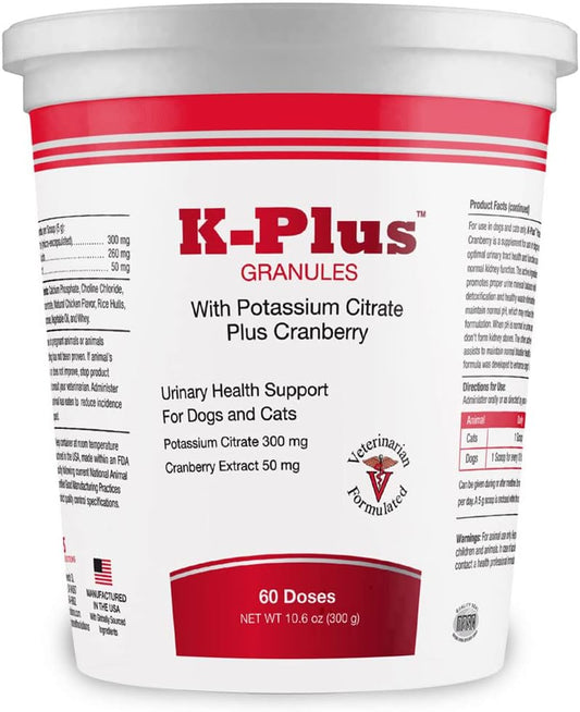 Veterinarian Approved Pet Health Solution: K-Plus Potassium Citrate & Cranberry Granules - UTI Remedy for Dogs & Cats - Supports Bladder Health - 60 Doses