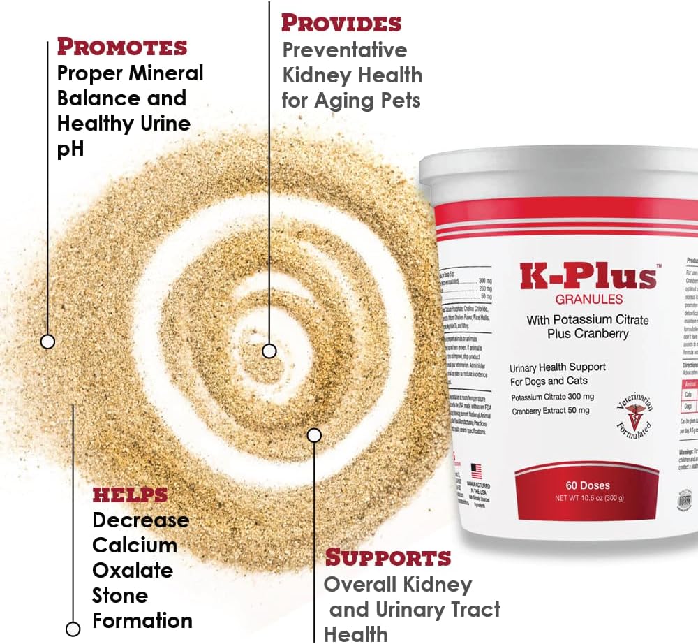 Veterinarian Approved Pet Health Solution: K-Plus Potassium Citrate & Cranberry Granules - UTI Remedy for Dogs & Cats - Supports Bladder Health - 60 Doses