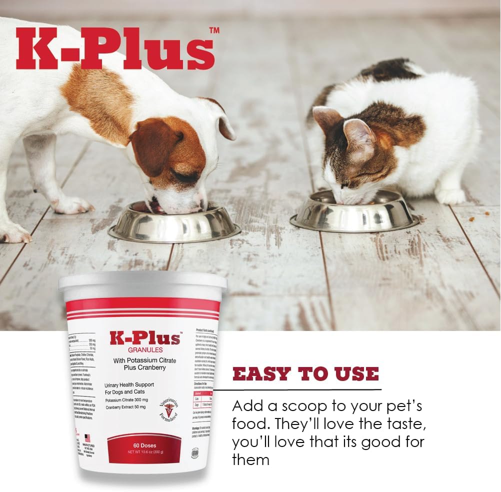 Veterinarian Approved Pet Health Solution: K-Plus Potassium Citrate & Cranberry Granules - UTI Remedy for Dogs & Cats - Supports Bladder Health - 60 Doses
