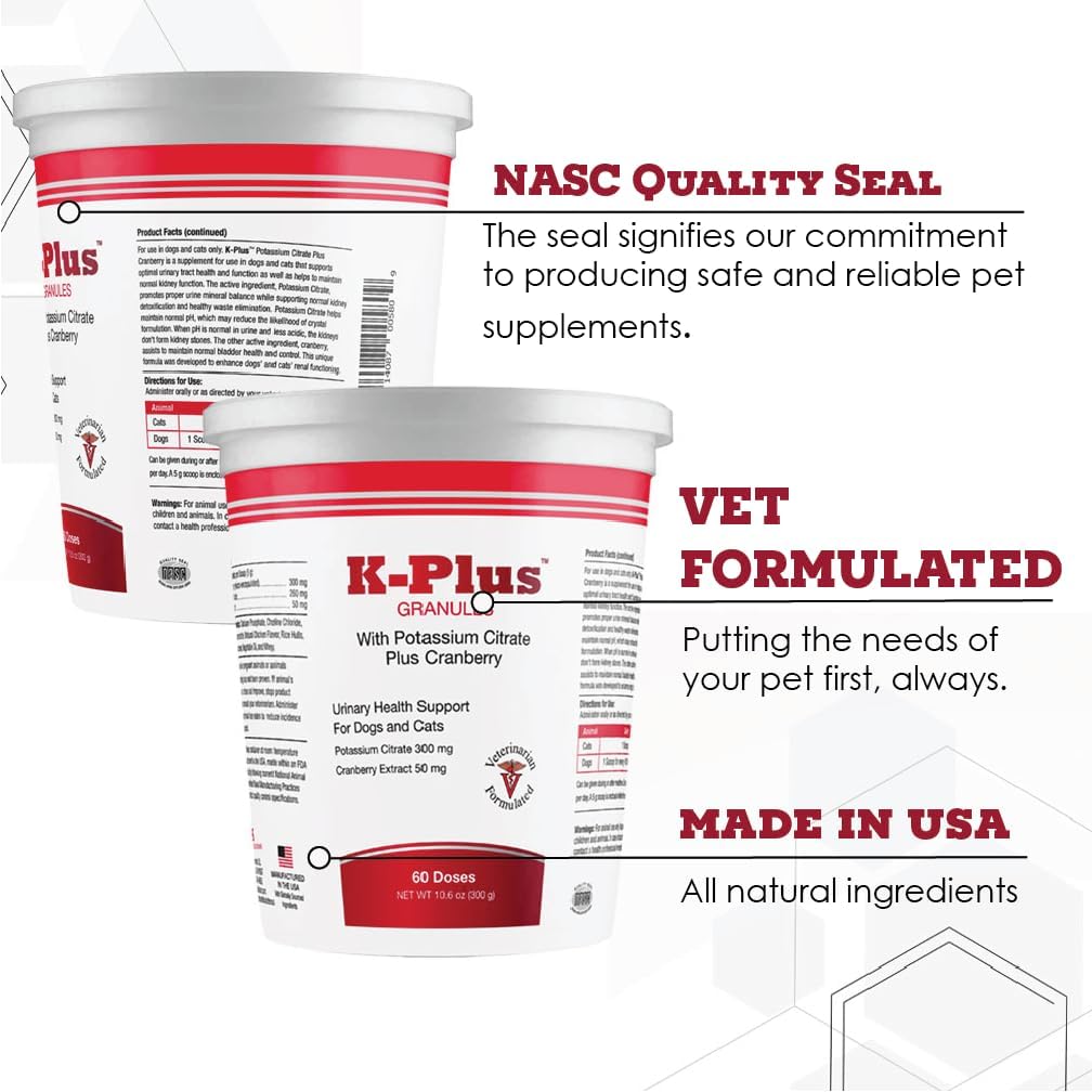 Veterinarian Approved Pet Health Solution: K-Plus Potassium Citrate & Cranberry Granules - UTI Remedy for Dogs & Cats - Supports Bladder Health - 60 Doses