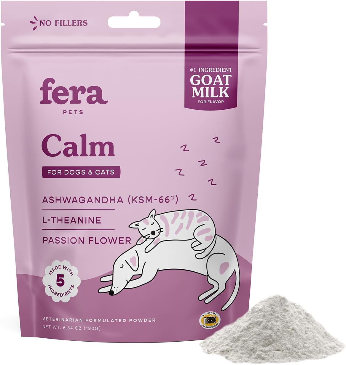 Veterinarian-Formulated Fera Pet Organics Goat Milk Calming Supplement for Cats and Dogs - Natural Anxiety and Stress Relief - Ashwagandha and GABA - 60 Servings