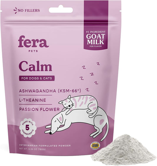 Veterinarian-Formulated Fera Pet Organics Goat Milk Calming Supplement for Cats and Dogs - Natural Anxiety and Stress Relief - Ashwagandha and GABA - 60 Servings