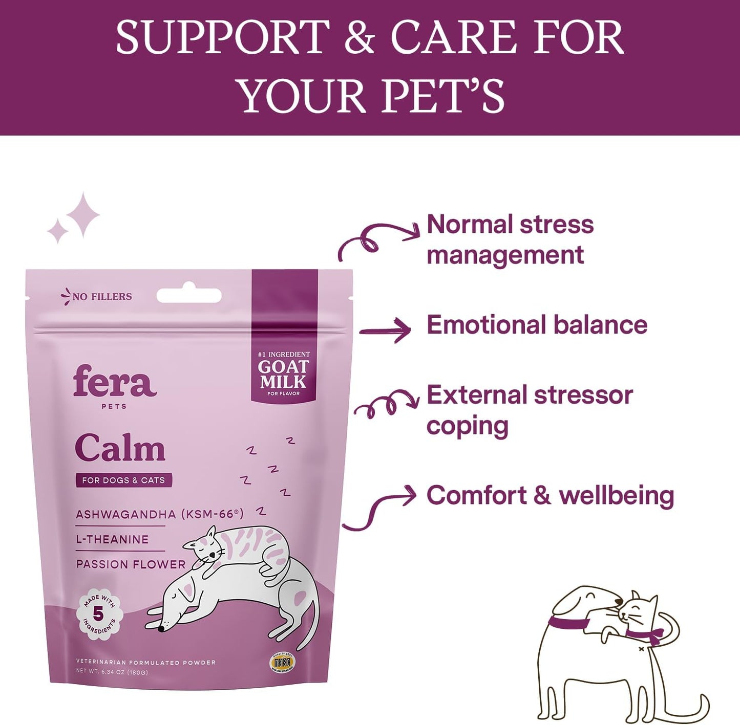 Veterinarian-Formulated Fera Pet Organics Goat Milk Calming Supplement for Cats and Dogs - Natural Anxiety and Stress Relief - Ashwagandha and GABA - 60 Servings