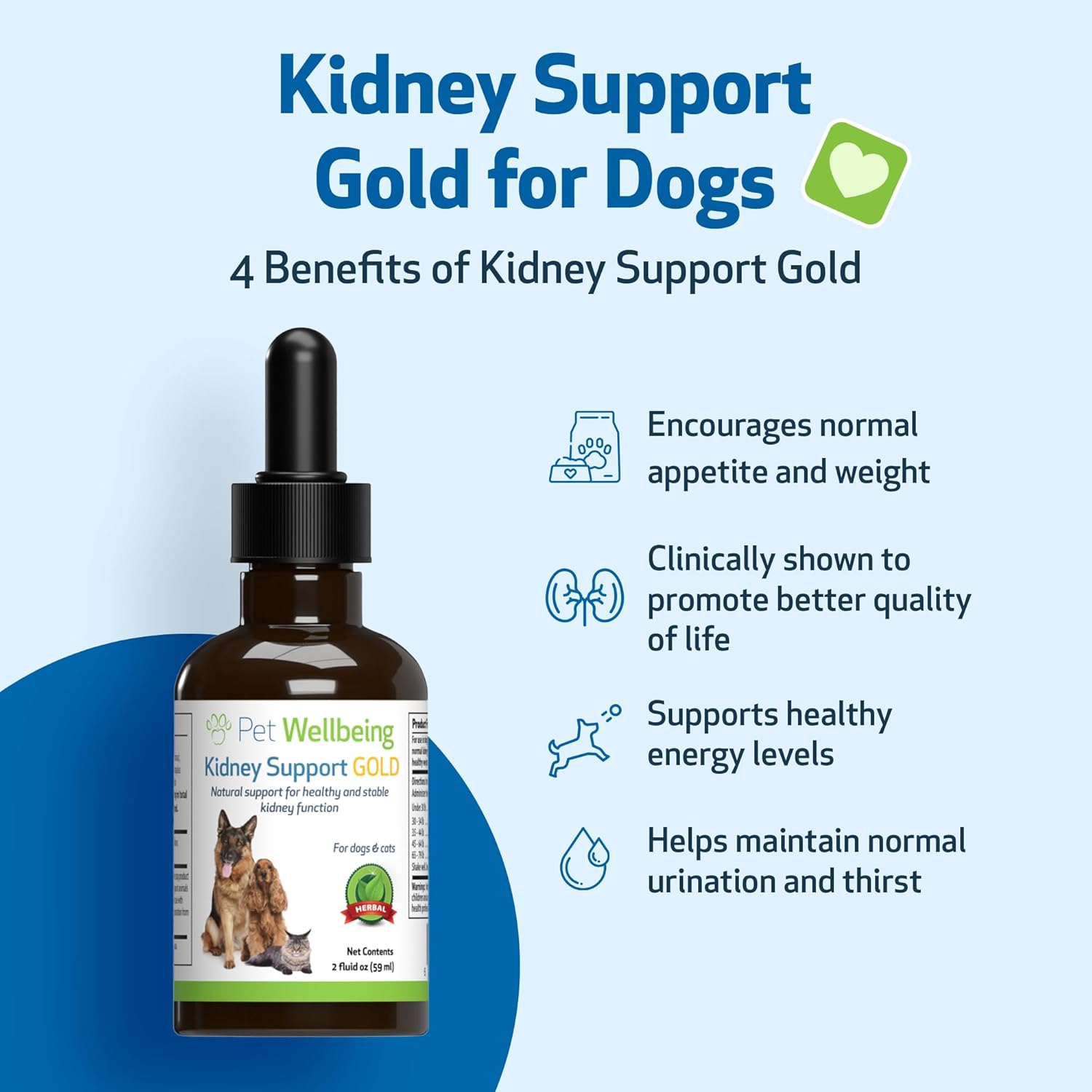 Veterinarian-Formulated Herbal Supplement for Dogs - Supports Healthy Kidney Function, Fluid Balance, Energy Levels, and Appetite - Pet Wellbeing Kidney Support Gold - 2 oz