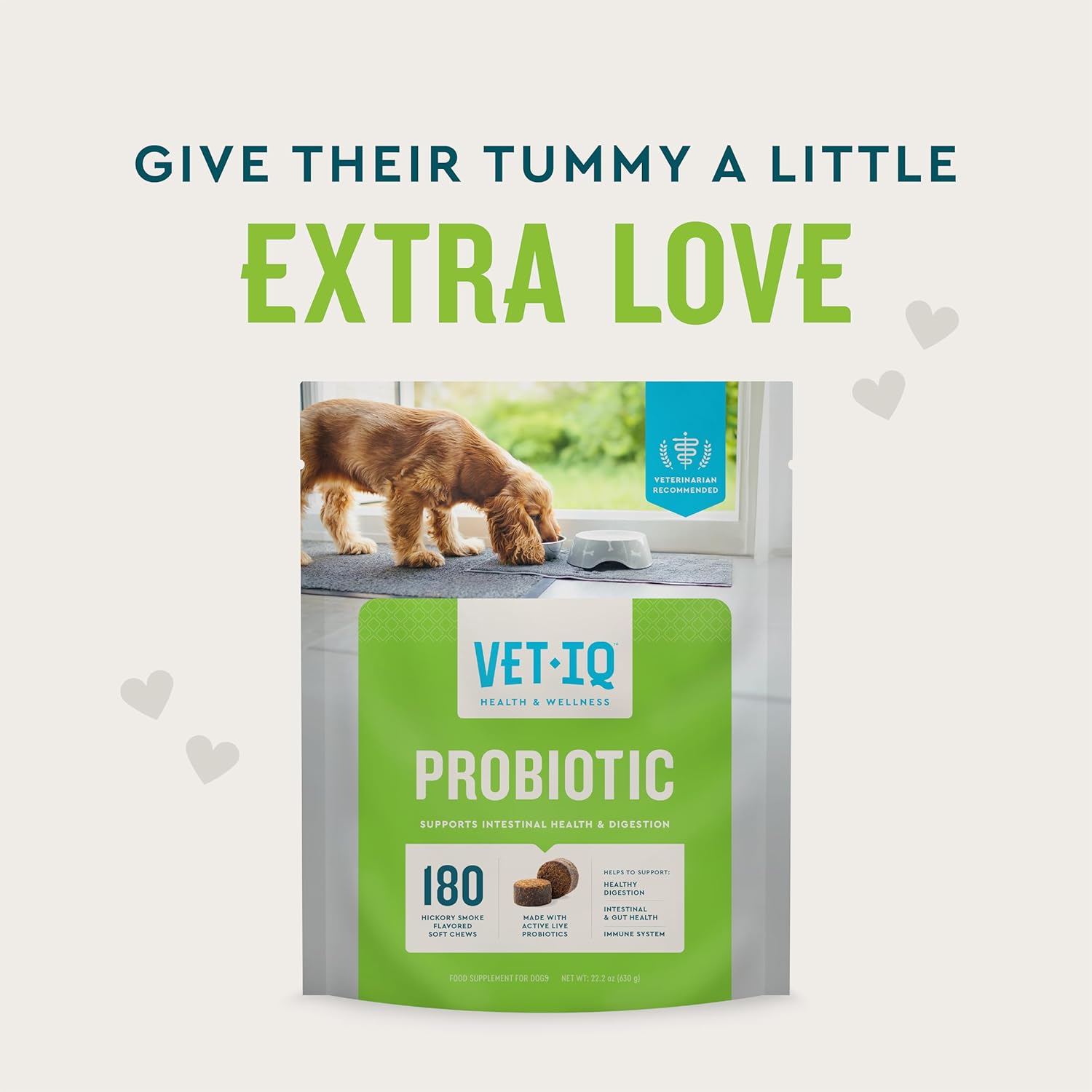 VetIQ Probiotic Supplement for Dogs, Supports Digestive Health and Bowel Function, Hickory Smoke Flavor, 60 Count, USA-Made