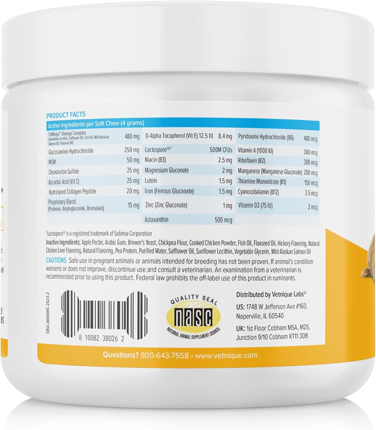 Vetnique Labs Senior Dog Multivitamin with Glucosamine, Omega 3 Fish Oil, and Probiotics for Joint, Digestive, and Immune Support - All-in-One Daily Vitamin (60 Ct)