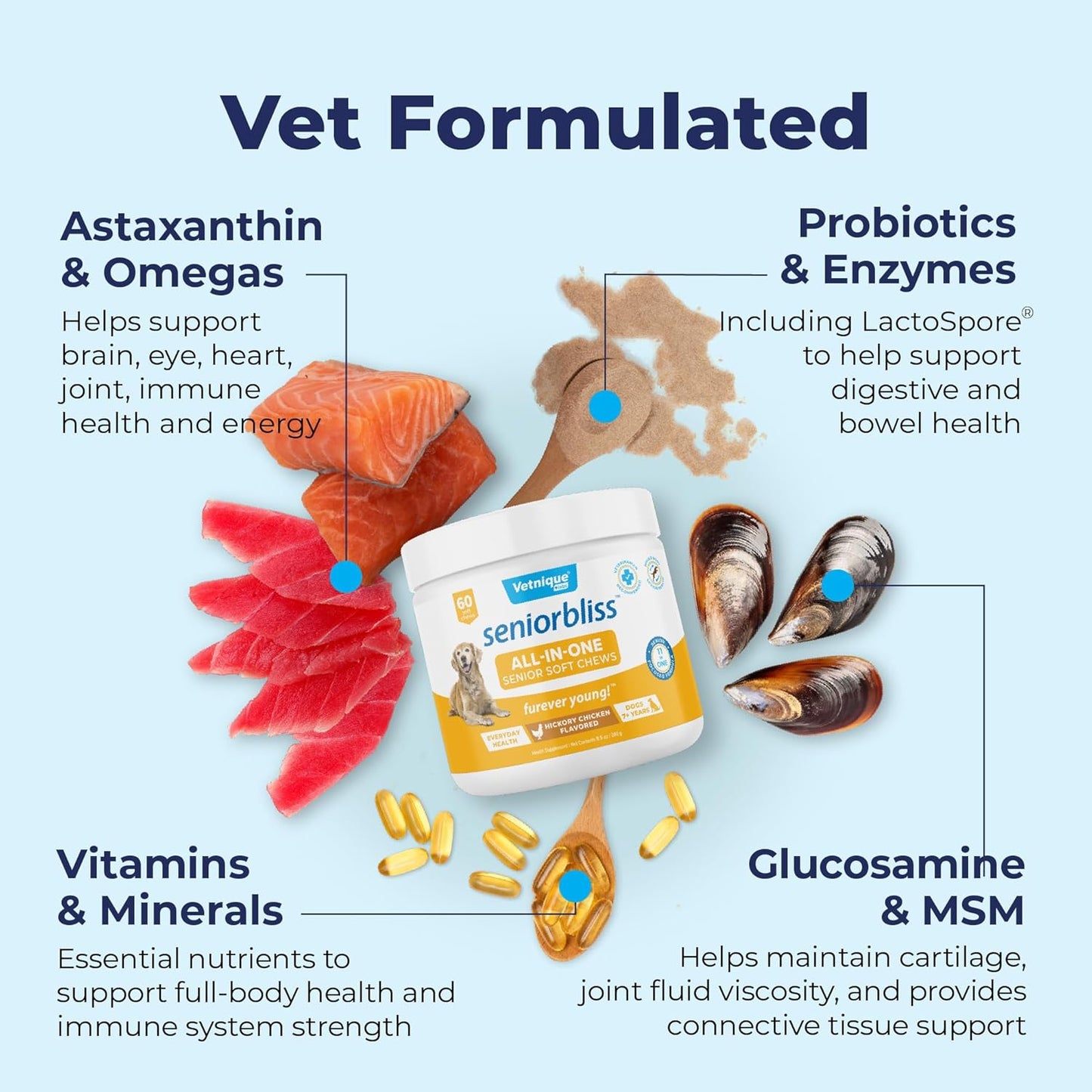 Vetnique Labs Senior Dog Multivitamin with Glucosamine, Omega 3 Fish Oil, and Probiotics for Joint, Digestive, and Immune Support - All-in-One Daily Vitamin (60 Ct)