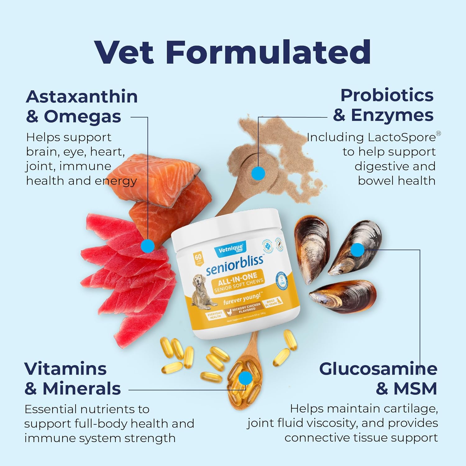 Vetnique Labs Senior Dog Multivitamin with Glucosamine, Omega 3 Fish Oil, and Probiotics for Joint, Digestive, and Immune Support - All-in-One Daily Vitamin (60 Ct)