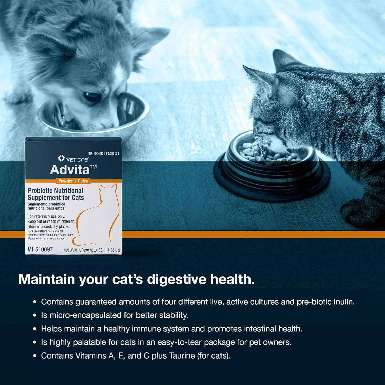 VetOne Advita Powder Probiotic Nutritional Supplement for Cats - 30 Packets of 1 gram