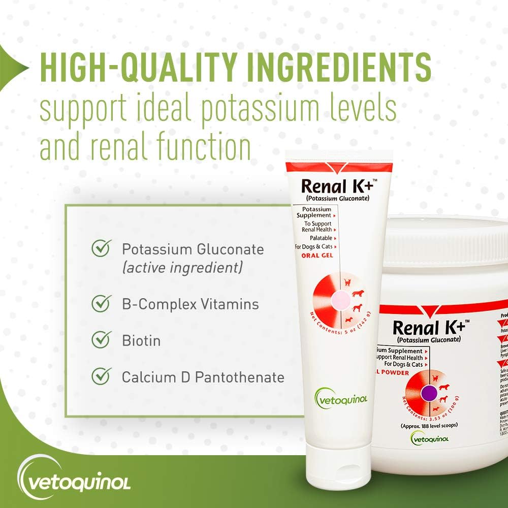 Vetoquinol Renal K+ Potassium Gel Supplement for Dogs and Cats, 5oz - Potassium Gluconate Formula