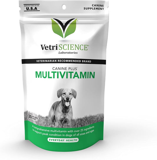 VETRISCIENCE Canine Plus MultiVitamin Chewable Supplement for Dogs - Supports Mood, Skin, Coat, Liver Function - Vet Recommended - All Breeds - 30 Chews