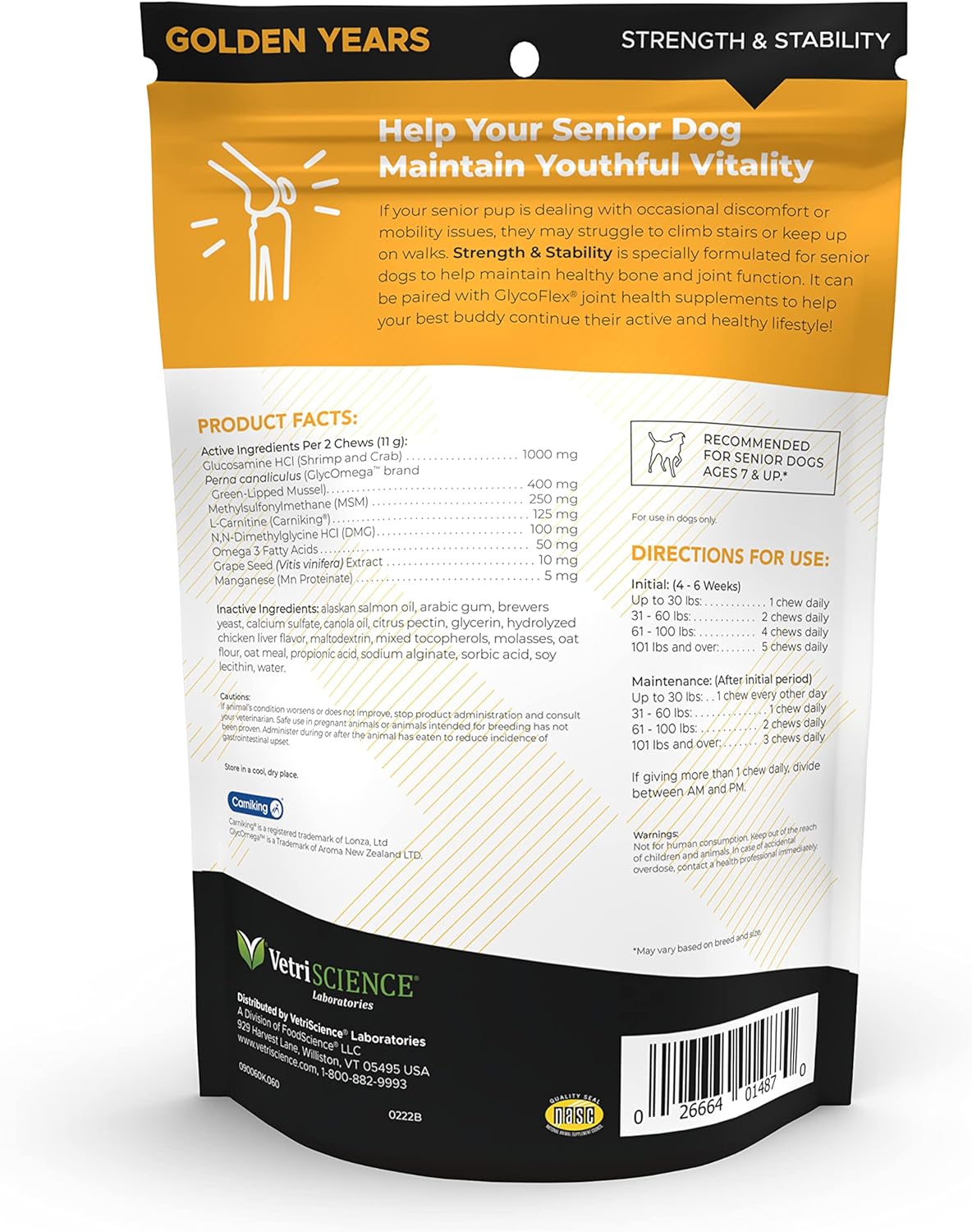 VetriScience Golden Years Hip and Joint Chews for Senior Dogs - Chicken Flavored Mobility Support, 60 Chews