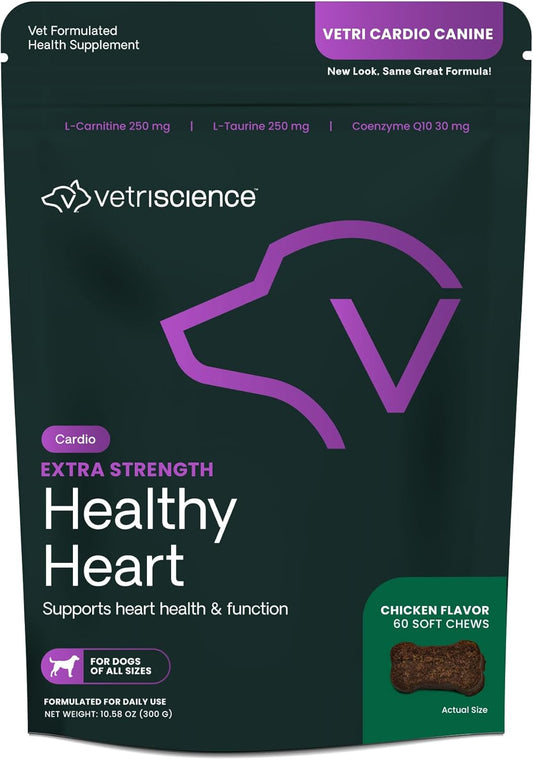 VetriScience Healthy Heart Chews for Dogs, Extra Strength Cardio Taurine and CoQ10 Supplement, Chicken Flavor, 60 Count