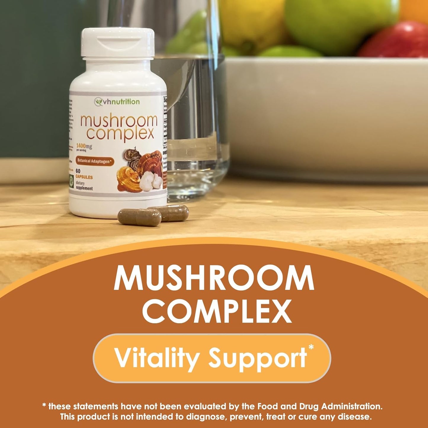 VH Nutrition Mushroom Complex Supplement 1400mg | Vitality Support with Lions Mane, Chaga, Reishi Extracts | Adaptogen Formula | 60 Capsules