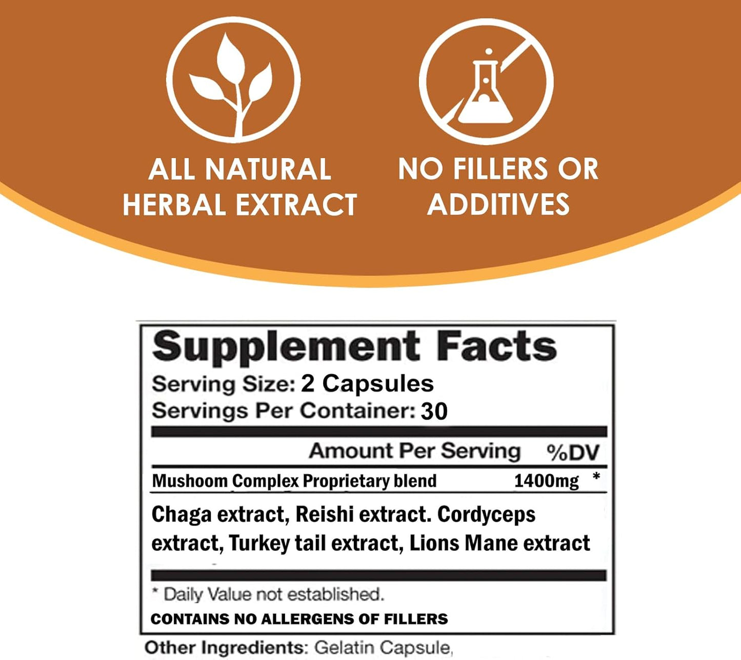 VH Nutrition Mushroom Complex Supplement 1400mg | Vitality Support with Lions Mane, Chaga, Reishi Extracts | Adaptogen Formula | 60 Capsules
