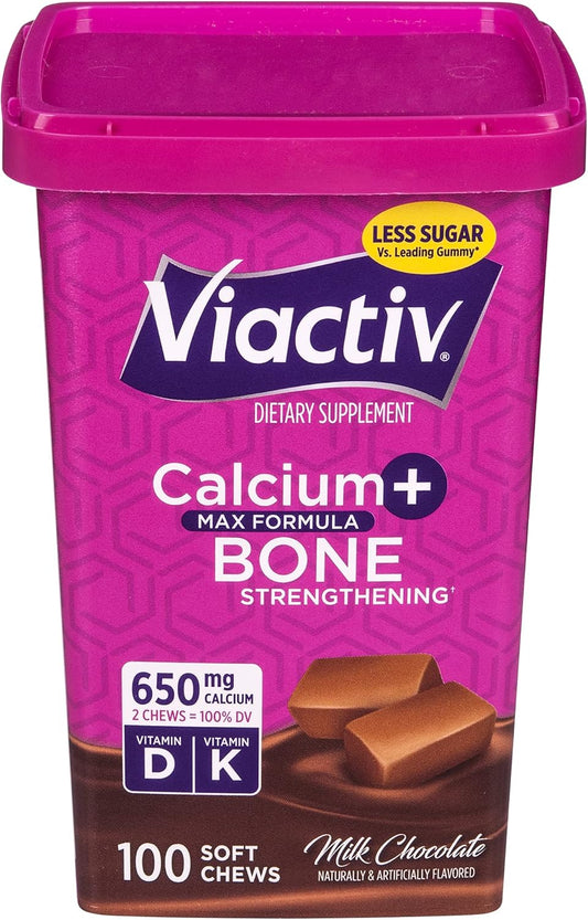 Viactiv Milk Chocolate Calcium + Vitamin D3 Soft Chews, 100 Count - Bone Health Dietary Supplement