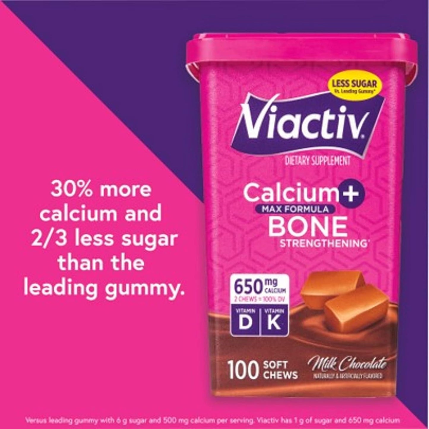 Viactiv Milk Chocolate Calcium + Vitamin D3 Soft Chews, 100 Count - Bone Health Dietary Supplement