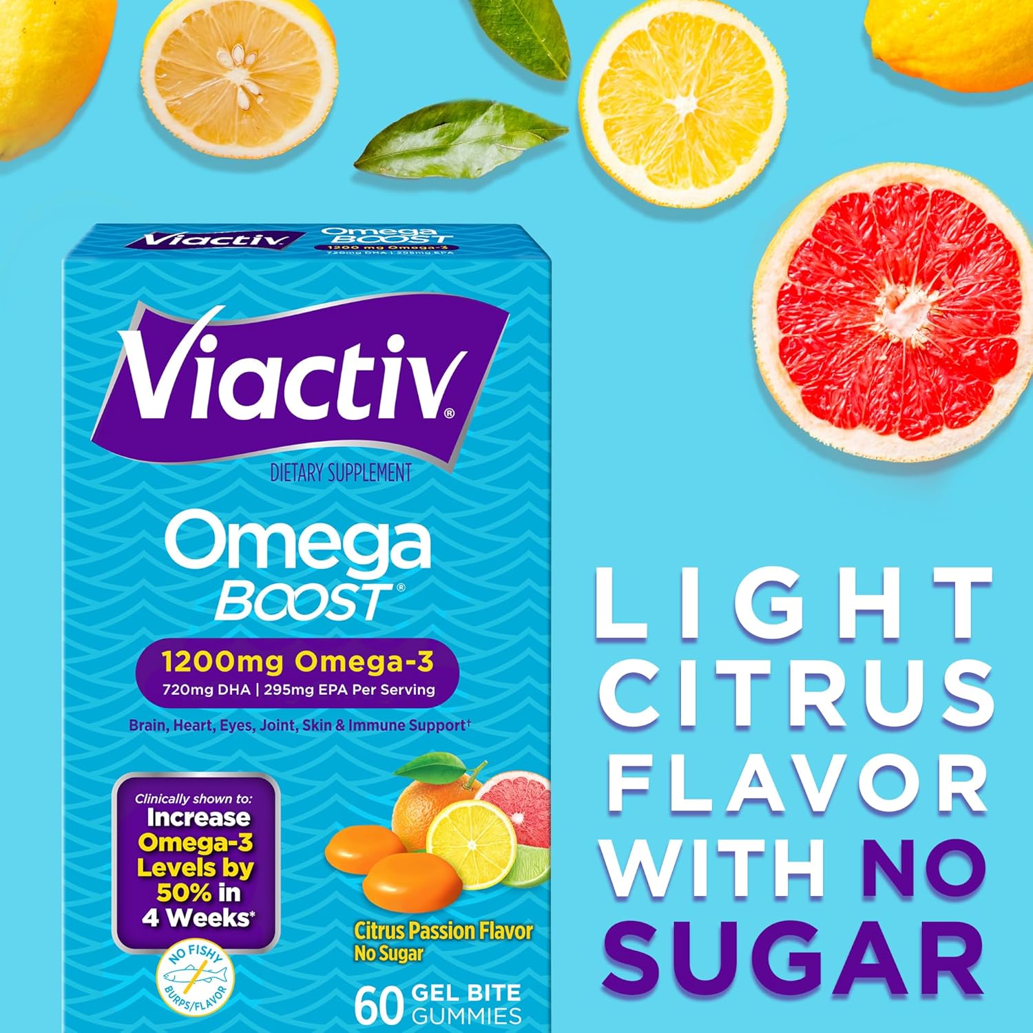 Viactiv Omega-3 Chewable Gel Bites, 1200mg Supplement for Daily Health, 60 Gummies