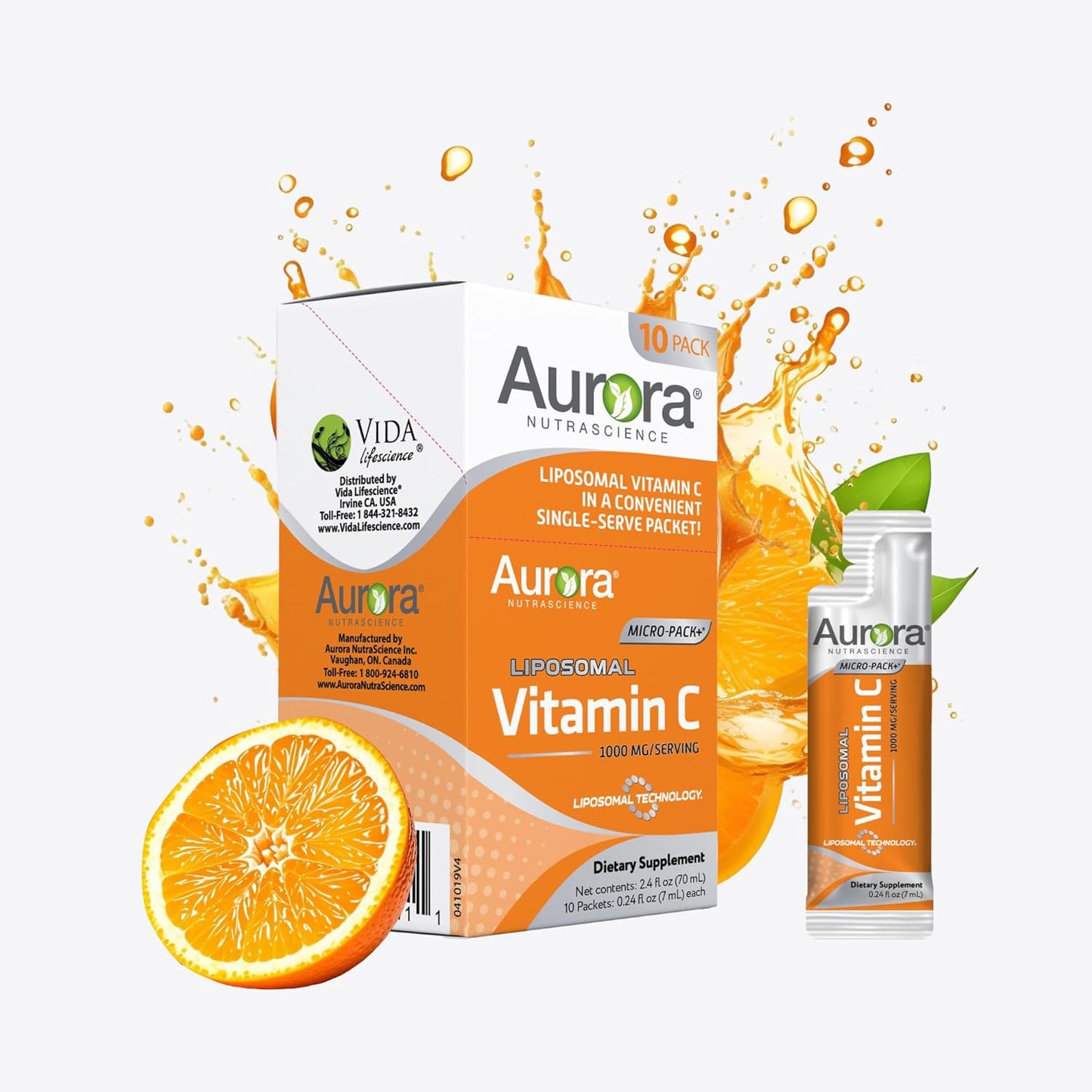 Vida Lifescience Aurora Nutrascience Liposomal Vitamin C Micro-Pack, 1,000mg per Serving, Immune Support, Gluten Free, Non-GMO, 10 Single Serve Packets