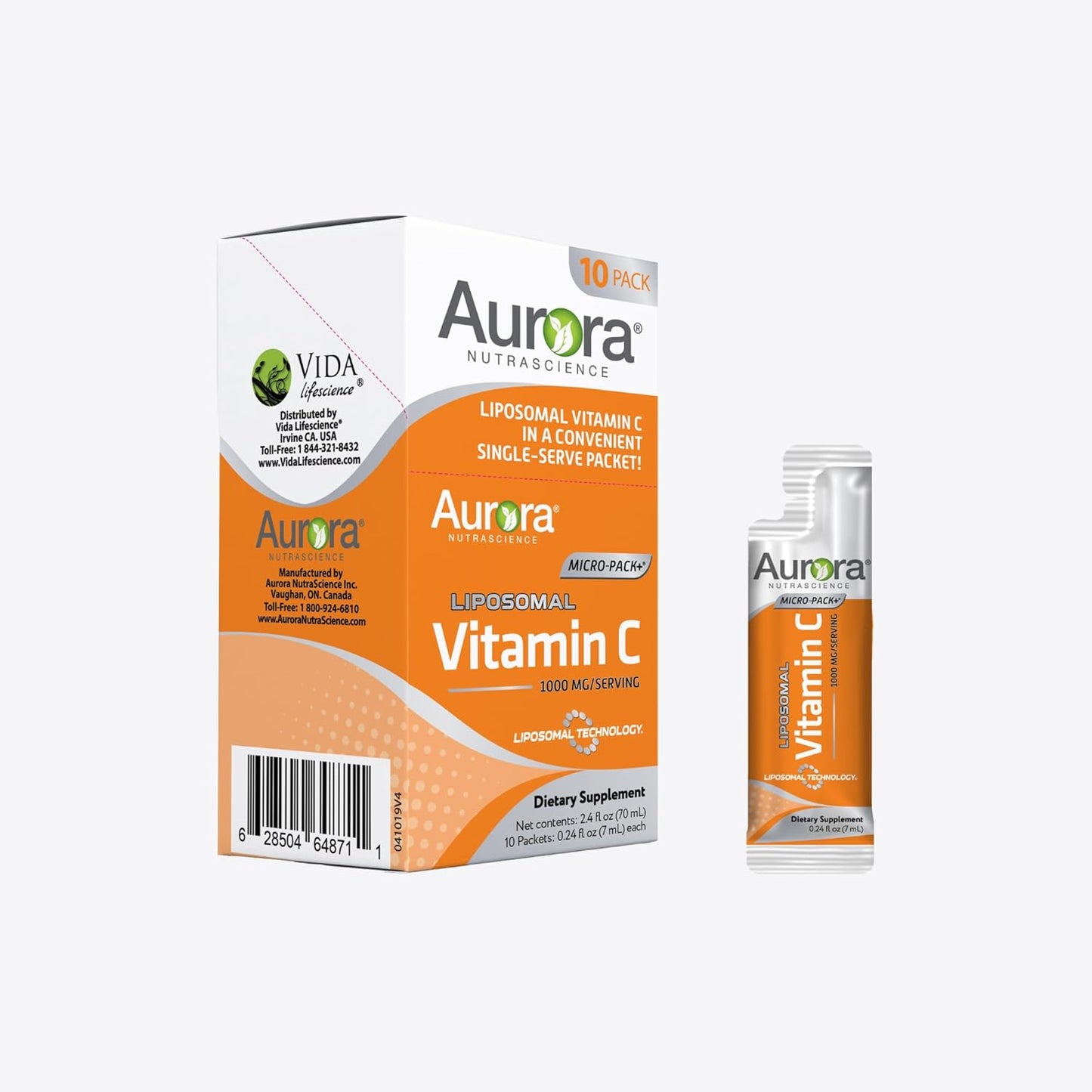 Vida Lifescience Aurora Nutrascience Liposomal Vitamin C Micro-Pack, 1,000mg per Serving, Immune Support, Gluten Free, Non-GMO, 10 Single Serve Packets