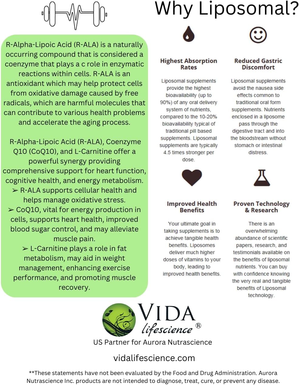 Vida Lifescience Aurora Nutrascience Mega-Liposomal R-ALA Cellular Support Complex - 16 fl oz, Gluten-Free, Non-GMO, Sugar-Free, Organic Fruit Flavor