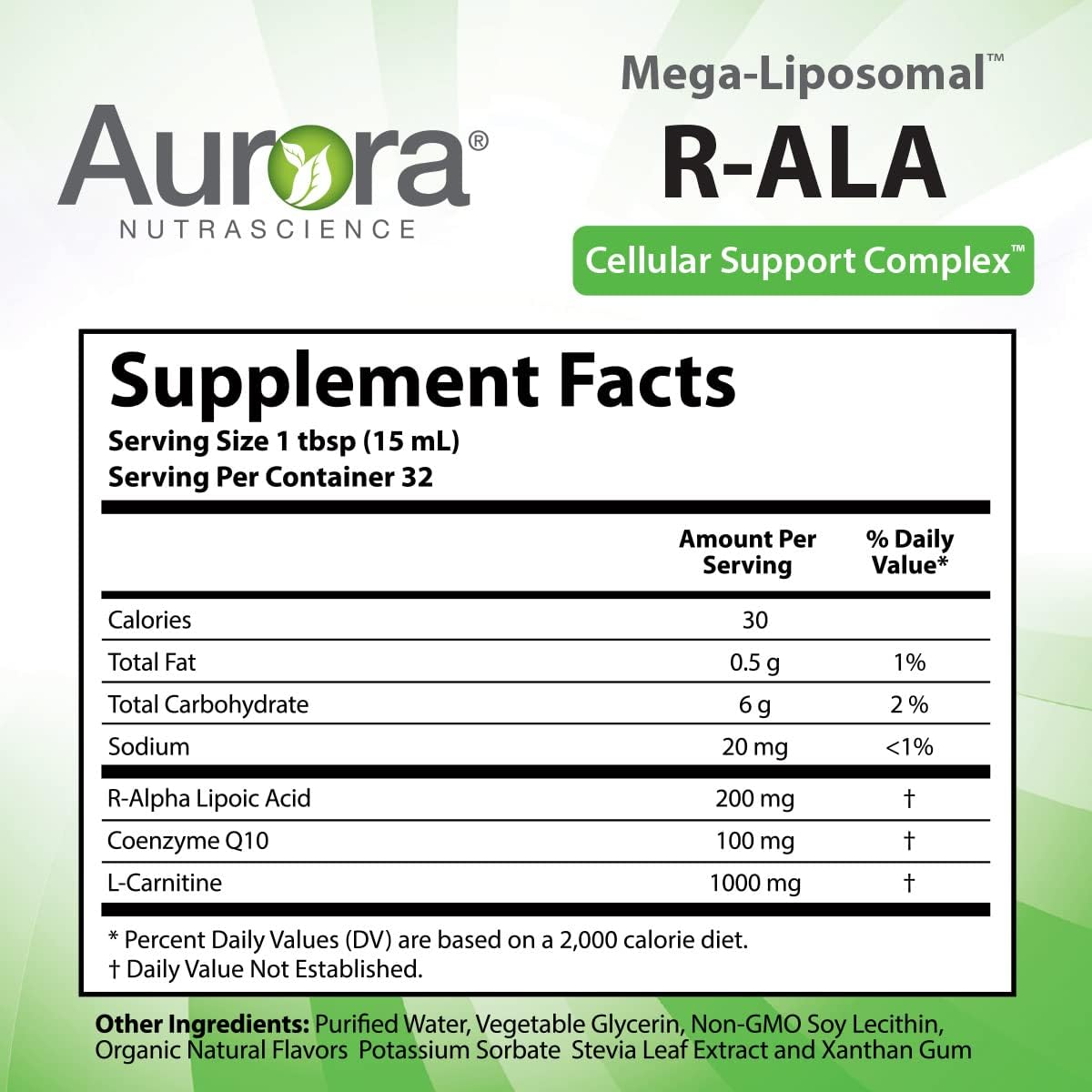 Vida Lifescience Aurora Nutrascience Mega-Liposomal R-ALA Cellular Support Complex - 16 fl oz, Gluten-Free, Non-GMO, Sugar-Free, Organic Fruit Flavor